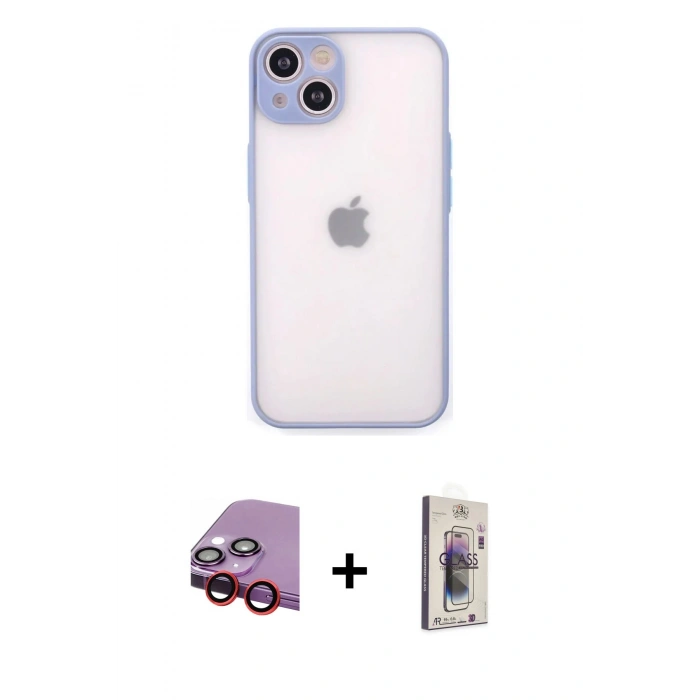MARSİLYAN™- iPhone 14 Kılıf Ahenk Çizgi Serisi - Siyah Bilvis 3D Cam Ekran Koruyucu + Raze Metal Kamera Lens - KI