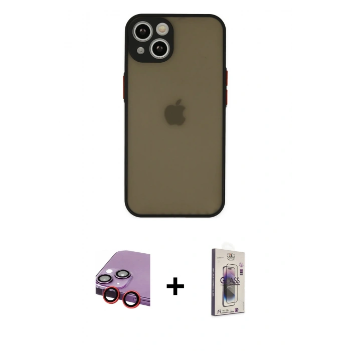 MARSİLYAN™- iPhone 14 Kılıf Ahenk Çizgi Serisi - Siyah Bilvis 3D Cam Ekran Koruyucu + Raze Metal Kamera Lens - KI