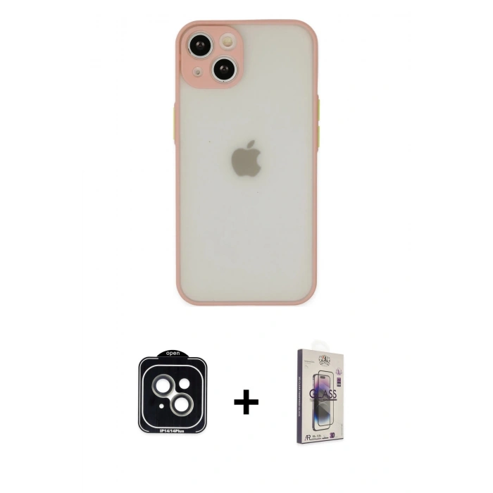 MARSİLYAN™- iPhone 14 Kılıf Ahenk Çizgi Serisi - Siyah Bilvis 3D Cam Ekran Koruyucu + PVD Metal Kamera Lens - YL