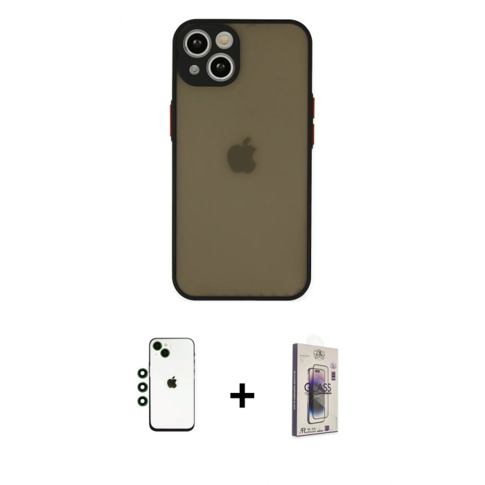 MARSİLYAN™- iPhone 14 Kılıf Ahenk Çizgi Serisi - Siyah Bilvis 3D Cam Ekran Koruyucu + Shine Kamera Lens - YL