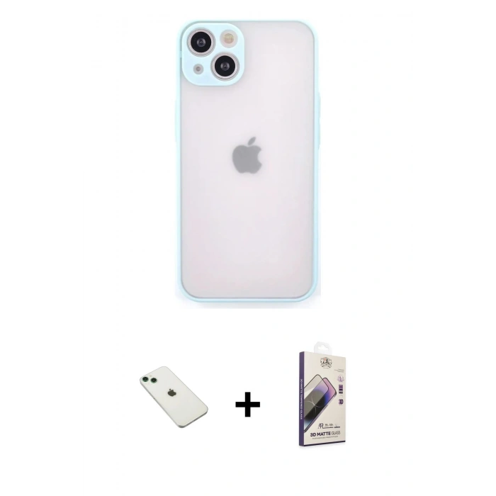 MARSİLYAN™- iPhone 14 Kılıf Ahenk Çizgi Serisi - Siyah Bilvis 3D Mat Cam Ekran Koruyucu + Diamond Kamera Lens - YL
