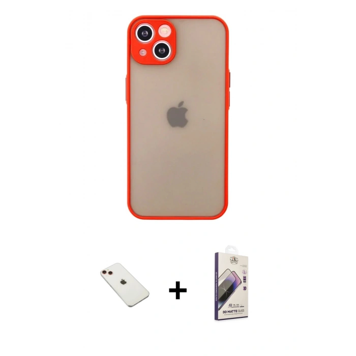 MARSİLYAN™- iPhone 14 Kılıf Ahenk Çizgi Serisi - Siyah Bilvis 3D Mat Cam Ekran Koruyucu + Kırmızı Diamond Kamera Lens