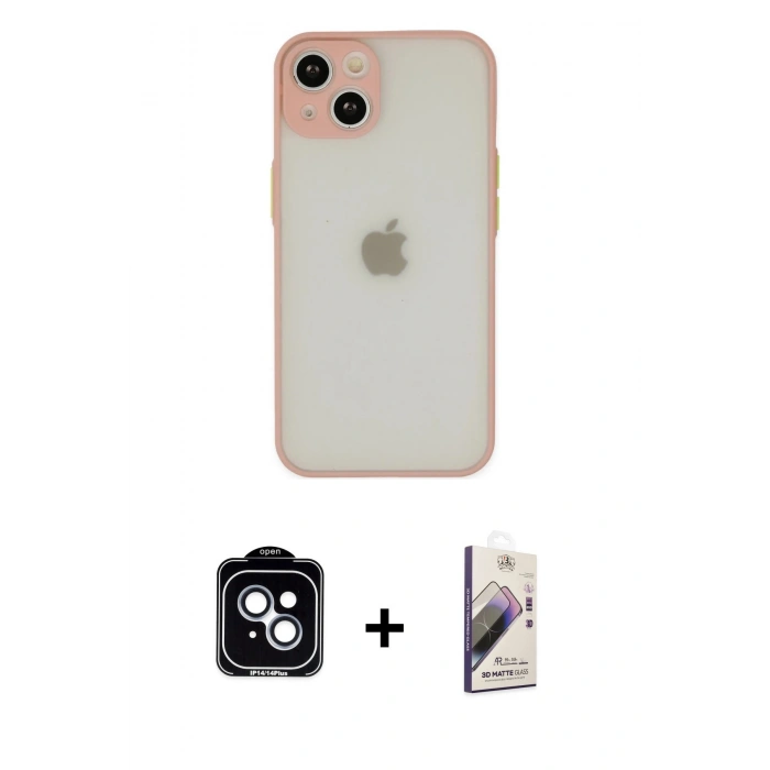 MARSİLYAN™- iPhone 14 Kılıf Ahenk Çizgi Serisi - Siyah Bilvis 3D Mat Cam Ekran Koruyucu + PVD Metal Kamera Lens - MI