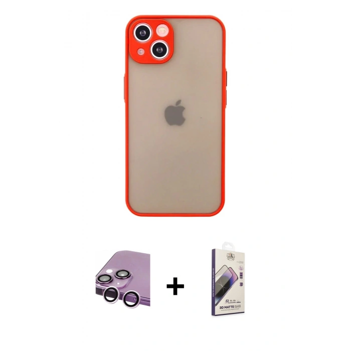 MARSİLYAN™- iPhone 14 Kılıf Ahenk Çizgi Serisi - Siyah Bilvis 3D Mat Cam Ekran Koruyucu + Raze Metal Kamera Lens - MR