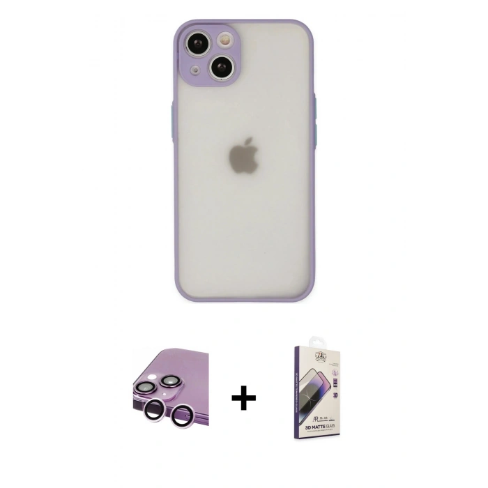 MARSİLYAN™- iPhone 14 Kılıf Ahenk Çizgi Serisi - Siyah Bilvis 3D Mat Cam Ekran Koruyucu + Raze Metal Kamera Lens - MR