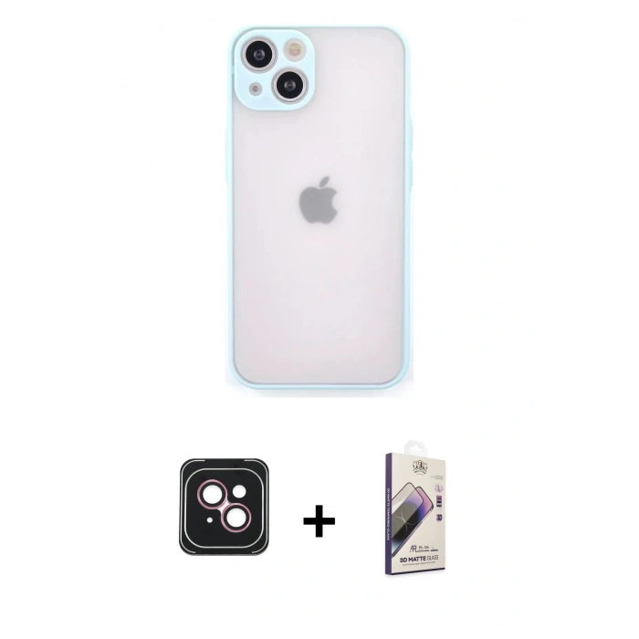 MARSİLYAN™- iPhone 14 Kılıf Ahenk Çizgi Serisi - Siyah Bilvis 3D Mat Cam Ekran Koruyucu + PVD Metal Kamera Lens - PE
