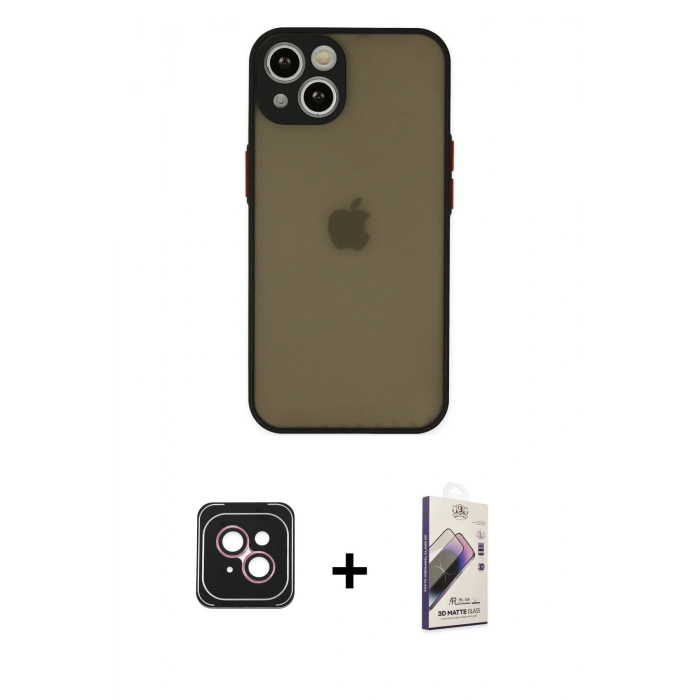 MARSİLYAN™- iPhone 14 Kılıf Ahenk Çizgi Serisi - Siyah Bilvis 3D Mat Cam Ekran Koruyucu + PVD Metal Kamera Lens - PE