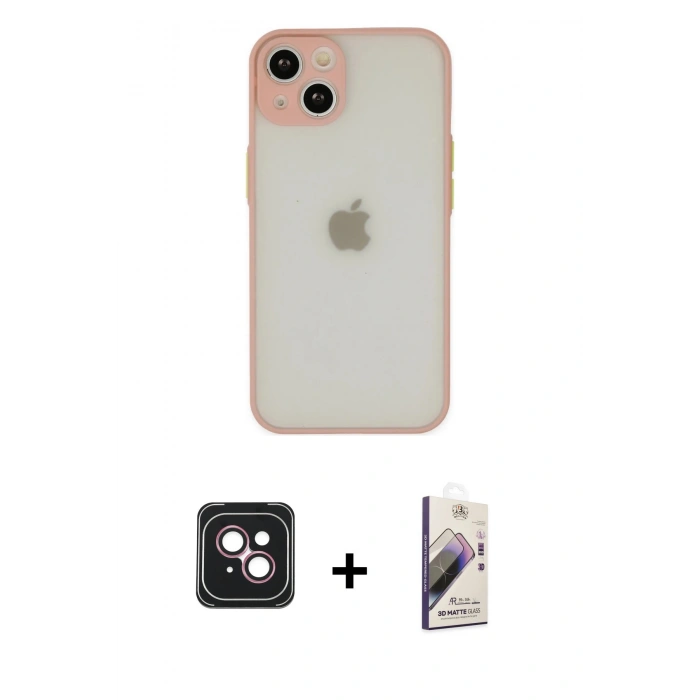 MARSİLYAN™- iPhone 14 Kılıf Ahenk Çizgi Serisi - Siyah Bilvis 3D Mat Cam Ekran Koruyucu + PVD Metal Kamera Lens - PE