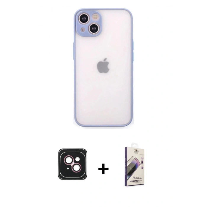 MARSİLYAN™- iPhone 14 Kılıf Ahenk Çizgi Serisi - Siyah Bilvis 3D Mat Cam Ekran Koruyucu + PVD Metal Kamera Lens - PE