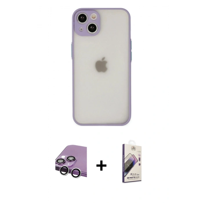 MARSİLYAN™- iPhone 14 Kılıf Ahenk Çizgi Serisi - Siyah Bilvis 3D Mat Cam Ekran Koruyucu + Raze Metal Kamera Lens - GS