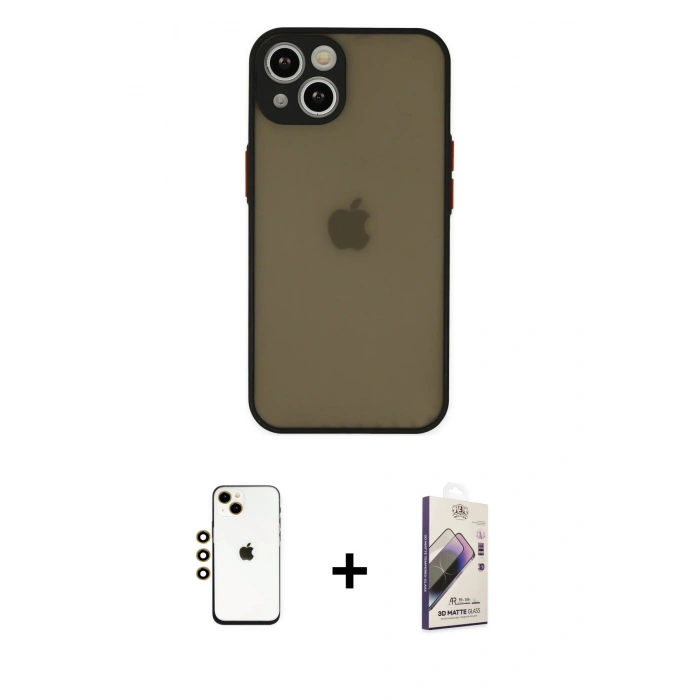 MARSİLYAN™- iPhone 14 Kılıf Ahenk Çizgi Serisi - Siyah Bilvis 3D Mat Cam Ekran Koruyucu + Shine Kamera Lens - GD