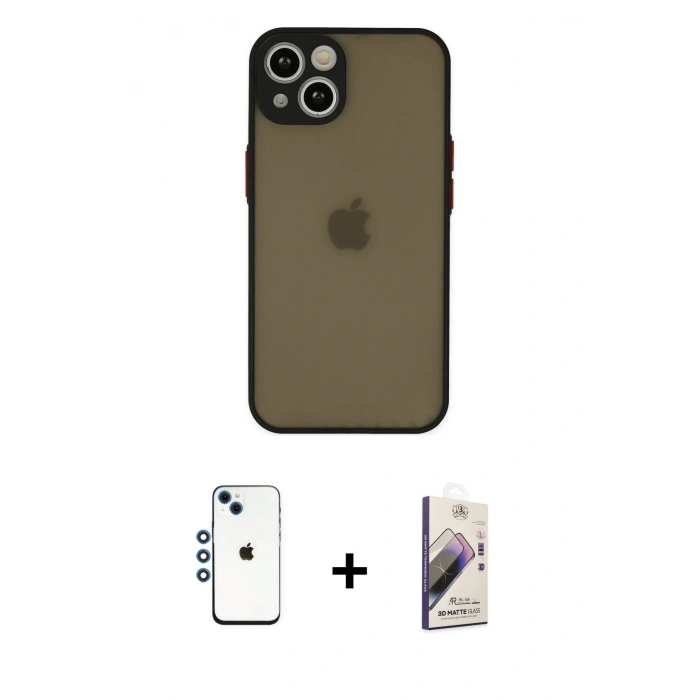MARSİLYAN™- iPhone 14 Kılıf Ahenk Çizgi Serisi - Siyah Bilvis 3D Mat Cam Ekran Koruyucu + Shine Kamera Lens - MI