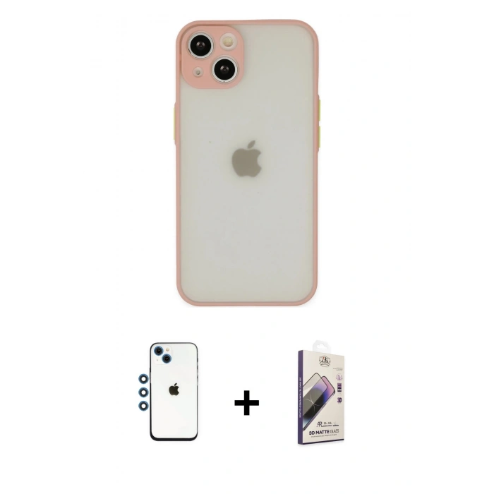 MARSİLYAN™- iPhone 14 Kılıf Ahenk Çizgi Serisi - Siyah Bilvis 3D Mat Cam Ekran Koruyucu + Shine Kamera Lens - MI