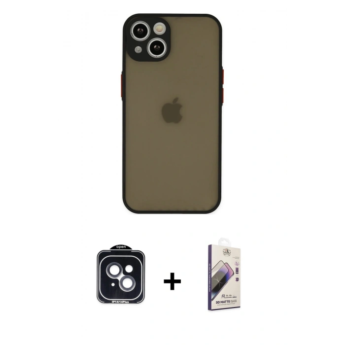 MARSİLYAN™- iPhone 14 Kılıf Ahenk Çizgi Serisi - Siyah Bilvis 3D Mat Cam Ekran Koruyucu + PVD Metal Kamera Lens - SH