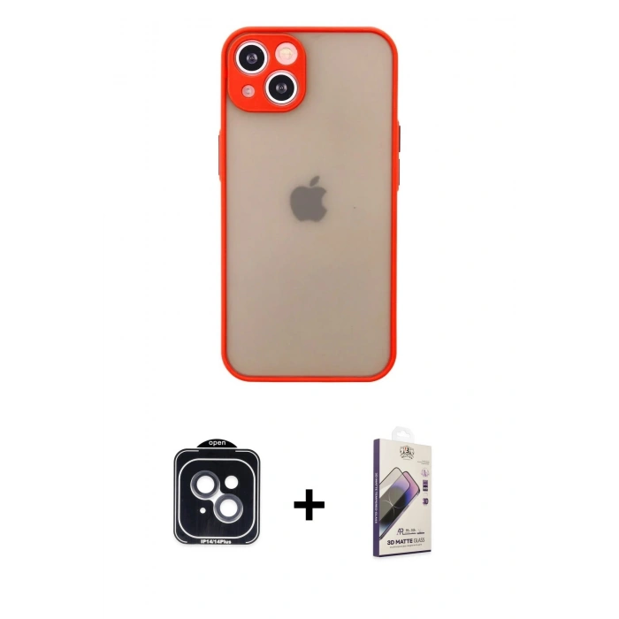 MARSİLYAN™- iPhone 14 Kılıf Ahenk Çizgi Serisi - Siyah Bilvis 3D Mat Cam Ekran Koruyucu + PVD Metal Kamera Lens - SH