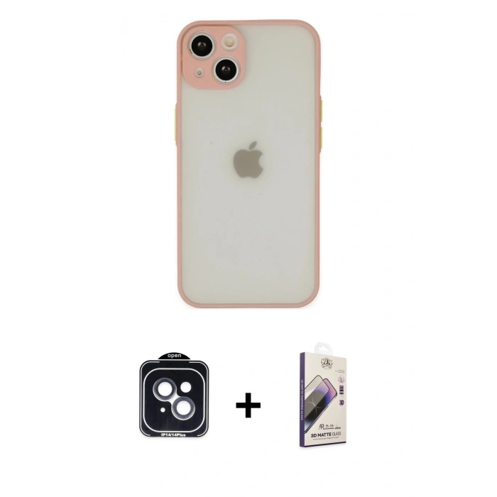 MARSİLYAN™- iPhone 14 Kılıf Ahenk Çizgi Serisi - Siyah Bilvis 3D Mat Cam Ekran Koruyucu + PVD Metal Kamera Lens - SH