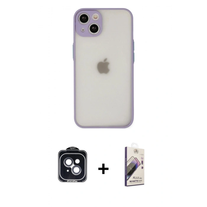 MARSİLYAN™- iPhone 14 Kılıf Ahenk Çizgi Serisi - Siyah Bilvis 3D Mat Cam Ekran Koruyucu + PVD Metal Kamera Lens - SH