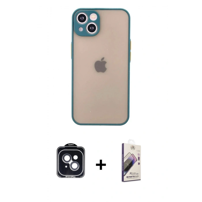 MARSİLYAN™- iPhone 14 Kılıf Ahenk Çizgi Serisi - Siyah Bilvis 3D Mat Cam Ekran Koruyucu + PVD Metal Kamera Lens - SH