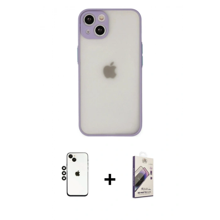 MARSİLYAN™- iPhone 14 Kılıf Ahenk Çizgi Serisi - Siyah Bilvis 3D Mat Cam Ekran Koruyucu + Shine Kamera Lens - SH
