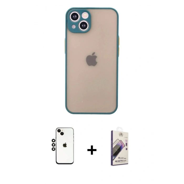 MARSİLYAN™- iPhone 14 Kılıf Ahenk Çizgi Serisi - Siyah Bilvis 3D Mat Cam Ekran Koruyucu + Shine Kamera Lens - SH