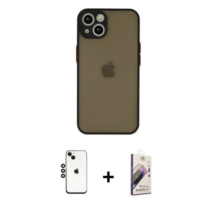 MARSİLYAN™- iPhone 14 Kılıf Ahenk Çizgi Serisi - Siyah Bilvis 3D Mat Cam Ekran Koruyucu + Shine Kamera Lens - SH