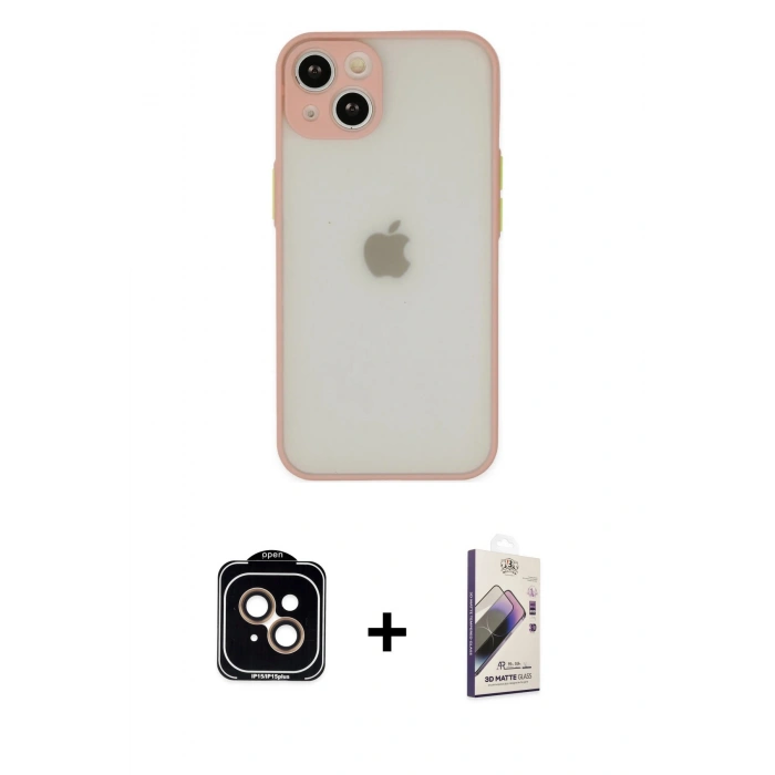 MARSİLYAN™- iPhone 14 Kılıf Ahenk Çizgi Serisi - Siyah Bilvis 3D Mat Cam Ekran Koruyucu + Turuncu PVD Metal Kamera Lens