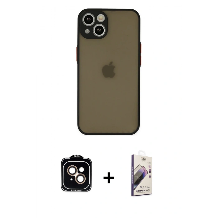 MARSİLYAN™- iPhone 14 Kılıf Ahenk Çizgi Serisi - Siyah Bilvis 3D Mat Cam Ekran Koruyucu + Turuncu PVD Metal Kamera Lens
