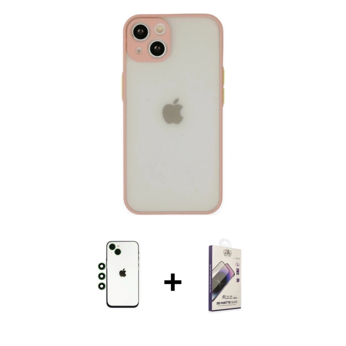 MARSİLYAN™- iPhone 14 Kılıf Ahenk Çizgi Serisi - Siyah Bilvis 3D Mat Cam Ekran Koruyucu + Shine Kamera Lens - YL