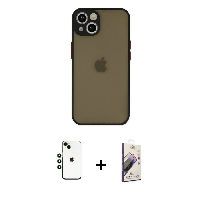 MARSİLYAN™- iPhone 14 Kılıf Ahenk Çizgi Serisi - Siyah Bilvis 3D Mat Cam Ekran Koruyucu + Shine Kamera Lens - YL