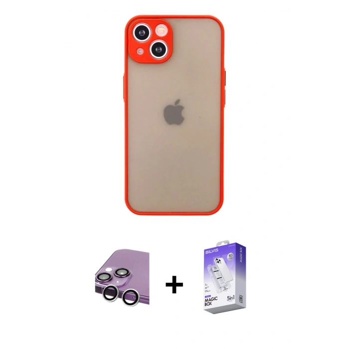 MARSİLYAN™- iPhone 14 Kılıf Ahenk Çizgi Serisi - Siyah Bilvis 5in1 3D Magic Cam Ekran Koruyucu + Raze Metal Kamera Lens - GS