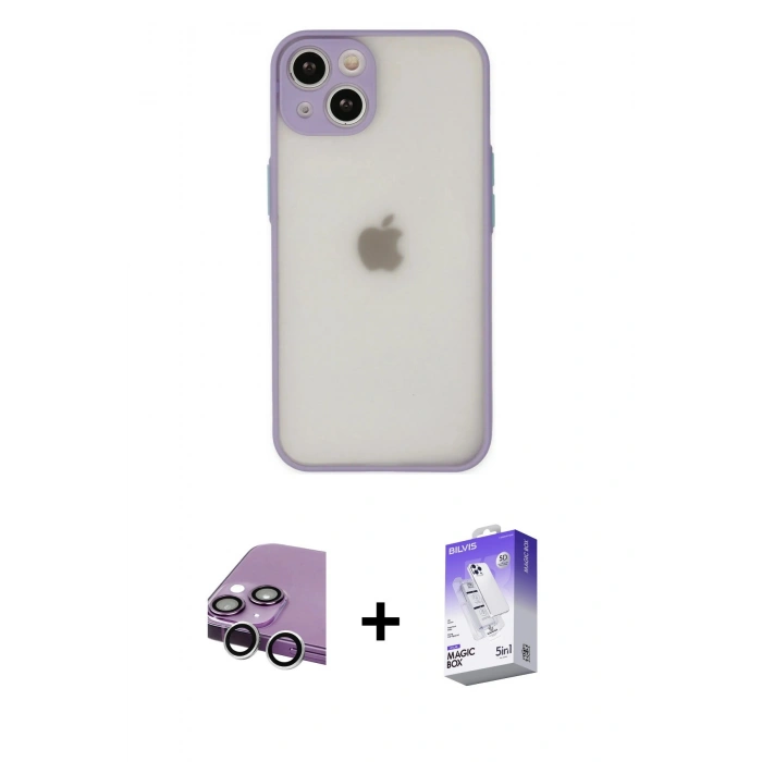 MARSİLYAN™- iPhone 14 Kılıf Ahenk Çizgi Serisi - Siyah Bilvis 5in1 3D Magic Cam Ekran Koruyucu + Raze Metal Kamera Lens - GS
