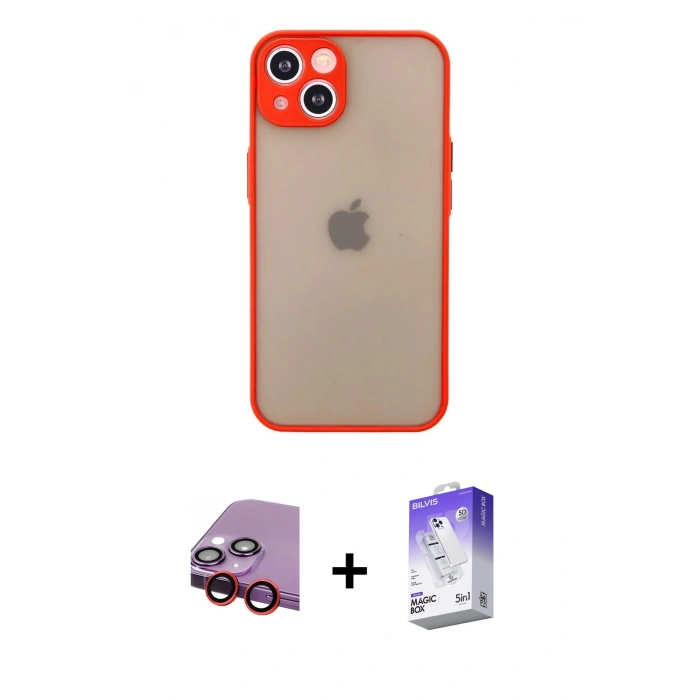 MARSİLYAN™- iPhone 14 Kılıf Ahenk Çizgi Serisi - Siyah Bilvis 5in1 3D Magic Cam Ekran Koruyucu + Raze Metal Kamera Lens - KI