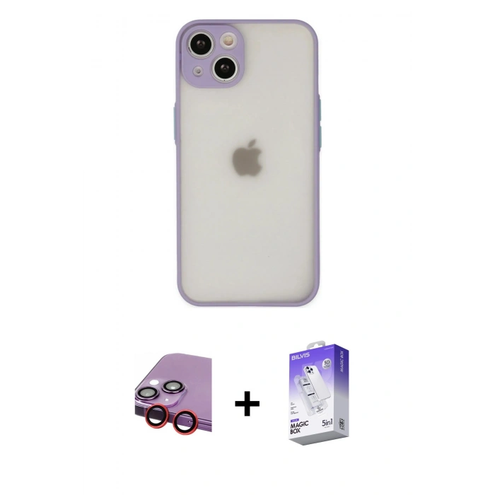MARSİLYAN™- iPhone 14 Kılıf Ahenk Çizgi Serisi - Siyah Bilvis 5in1 3D Magic Cam Ekran Koruyucu + Raze Metal Kamera Lens - KI