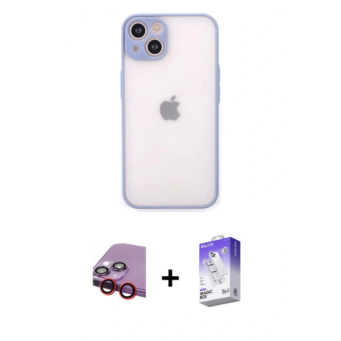 MARSİLYAN™- iPhone 14 Kılıf Ahenk Çizgi Serisi - Siyah Bilvis 5in1 3D Magic Cam Ekran Koruyucu + Raze Metal Kamera Lens - KI