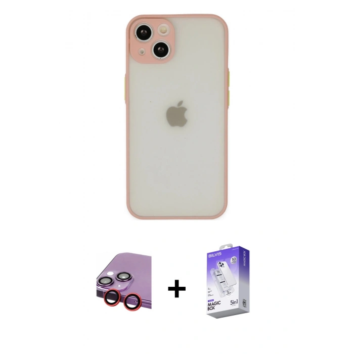 MARSİLYAN™- iPhone 14 Kılıf Ahenk Çizgi Serisi - Siyah Bilvis 5in1 3D Magic Cam Ekran Koruyucu + Raze Metal Kamera Lens - KI