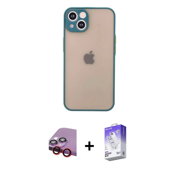 MARSİLYAN™- iPhone 14 Kılıf Ahenk Çizgi Serisi - Siyah Bilvis 5in1 3D Magic Cam Ekran Koruyucu + Raze Metal Kamera Lens - KI