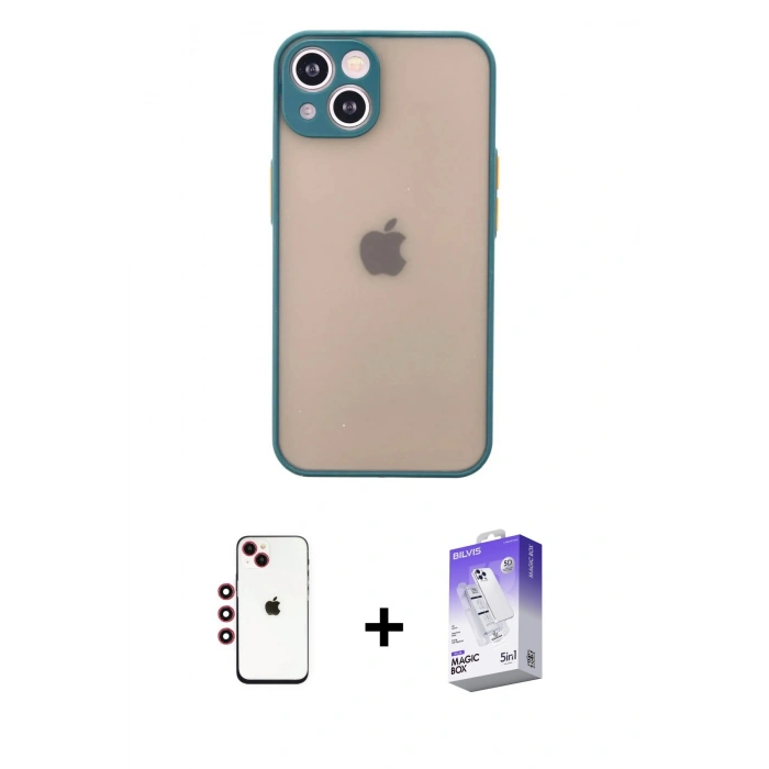 MARSİLYAN™- iPhone 14 Kılıf Ahenk Çizgi Serisi - Siyah Bilvis 5in1 3D Magic Cam Ekran Koruyucu + Shine Kamera Lens - KI