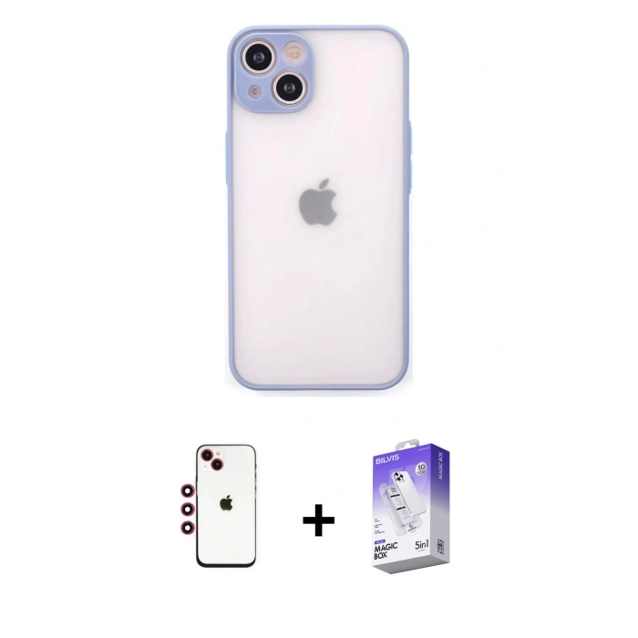 MARSİLYAN™- iPhone 14 Kılıf Ahenk Çizgi Serisi - Siyah Bilvis 5in1 3D Magic Cam Ekran Koruyucu + Shine Kamera Lens - KI