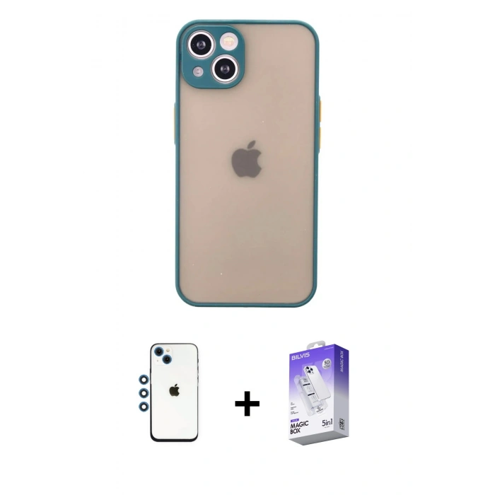 MARSİLYAN™- iPhone 14 Kılıf Ahenk Çizgi Serisi - Siyah Bilvis 5in1 3D Magic Cam Ekran Koruyucu + Shine Kamera Lens - MI