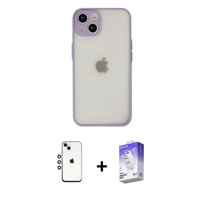 MARSİLYAN™- iPhone 14 Kılıf Ahenk Çizgi Serisi - Siyah Bilvis 5in1 3D Magic Cam Ekran Koruyucu + Shine Kamera Lens - MI