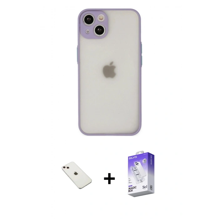 MARSİLYAN™- iPhone 14 Kılıf Ahenk Çizgi Serisi - Siyah Bilvis 5in1 3D Magic Cam Ekran Koruyucu + Pembe Diamond Kamera Lens