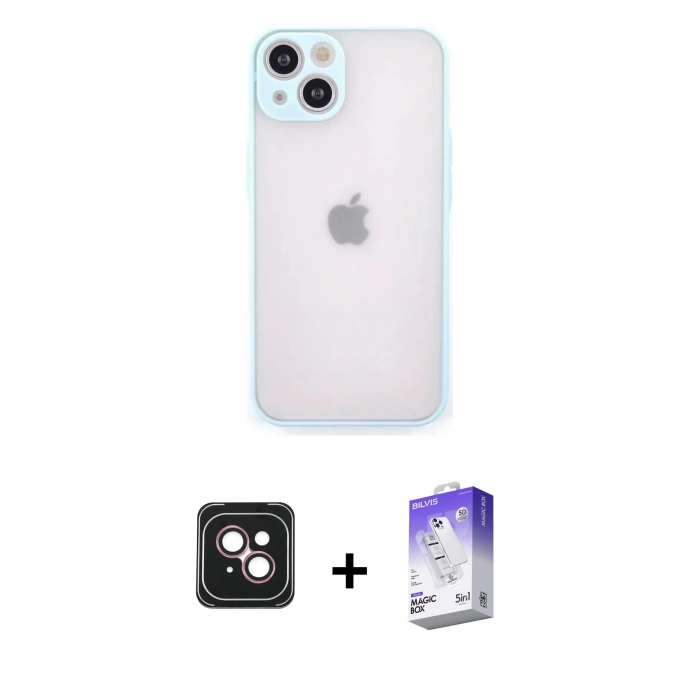 MARSİLYAN™- iPhone 14 Kılıf Ahenk Çizgi Serisi - Siyah Bilvis 5in1 3D Magic Cam Ekran Koruyucu + PVD Metal Kamera Lens - PE