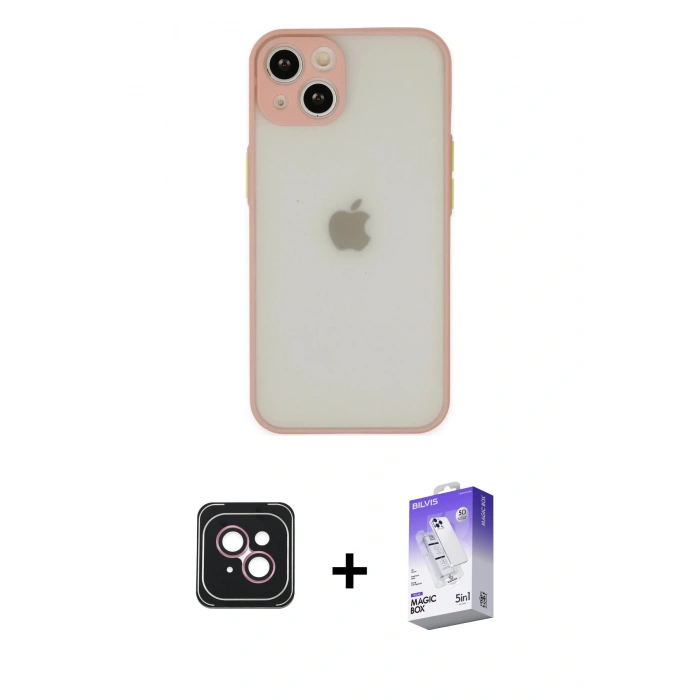 MARSİLYAN™- iPhone 14 Kılıf Ahenk Çizgi Serisi - Siyah Bilvis 5in1 3D Magic Cam Ekran Koruyucu + PVD Metal Kamera Lens - PE