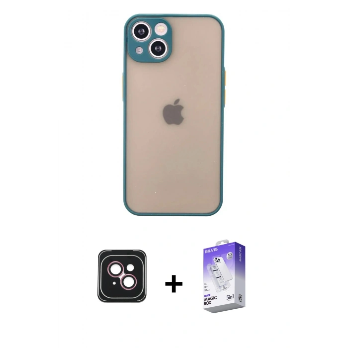 MARSİLYAN™- iPhone 14 Kılıf Ahenk Çizgi Serisi - Siyah Bilvis 5in1 3D Magic Cam Ekran Koruyucu + PVD Metal Kamera Lens - PE