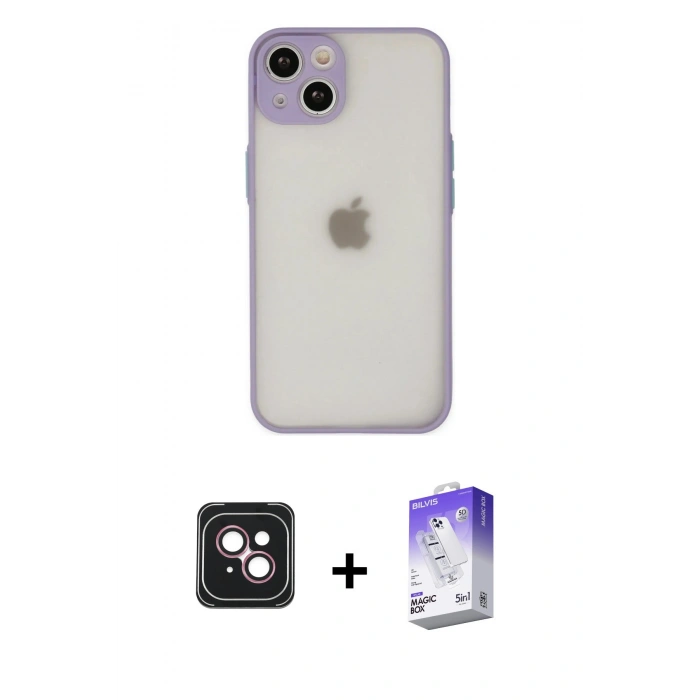 MARSİLYAN™- iPhone 14 Kılıf Ahenk Çizgi Serisi - Siyah Bilvis 5in1 3D Magic Cam Ekran Koruyucu + PVD Metal Kamera Lens - PE