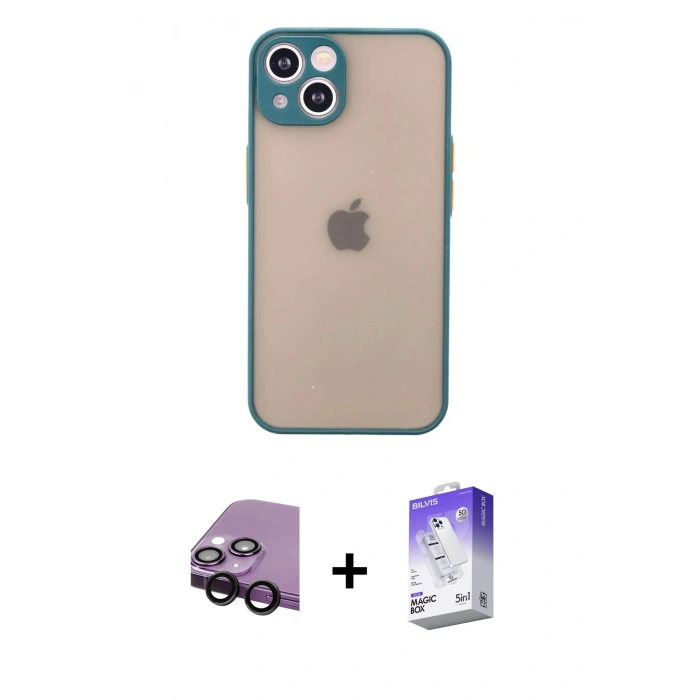 MARSİLYAN™- iPhone 14 Kılıf Ahenk Çizgi Serisi - Siyah Bilvis 5in1 3D Magic Cam Ekran Koruyucu + Raze Metal Kamera Lens - SH