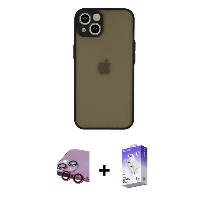 MARSİLYAN™- iPhone 14 Kılıf Ahenk Çizgi Serisi - Siyah Bilvis 5in1 3D Magic Cam Ekran Koruyucu + Raze Metal Kamera Lens - KI
