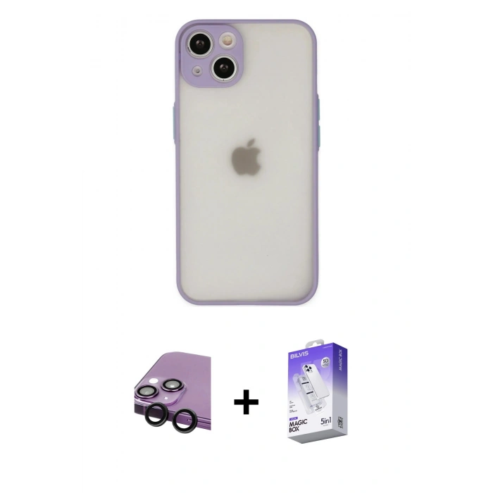 MARSİLYAN™- iPhone 14 Kılıf Ahenk Çizgi Serisi - Siyah Bilvis 5in1 3D Magic Cam Ekran Koruyucu + Raze Metal Kamera Lens - SH