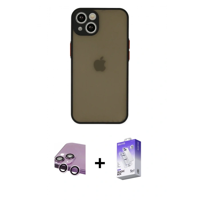 MARSİLYAN™- iPhone 14 Kılıf Ahenk Çizgi Serisi - Siyah Bilvis 5in1 3D Magic Cam Ekran Koruyucu + Raze Metal Kamera Lens - MR