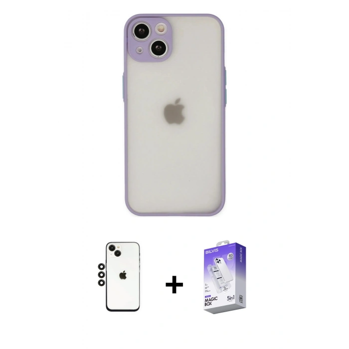 MARSİLYAN™- iPhone 14 Kılıf Ahenk Çizgi Serisi - Siyah Bilvis 5in1 3D Magic Cam Ekran Koruyucu + Shine Kamera Lens - SH
